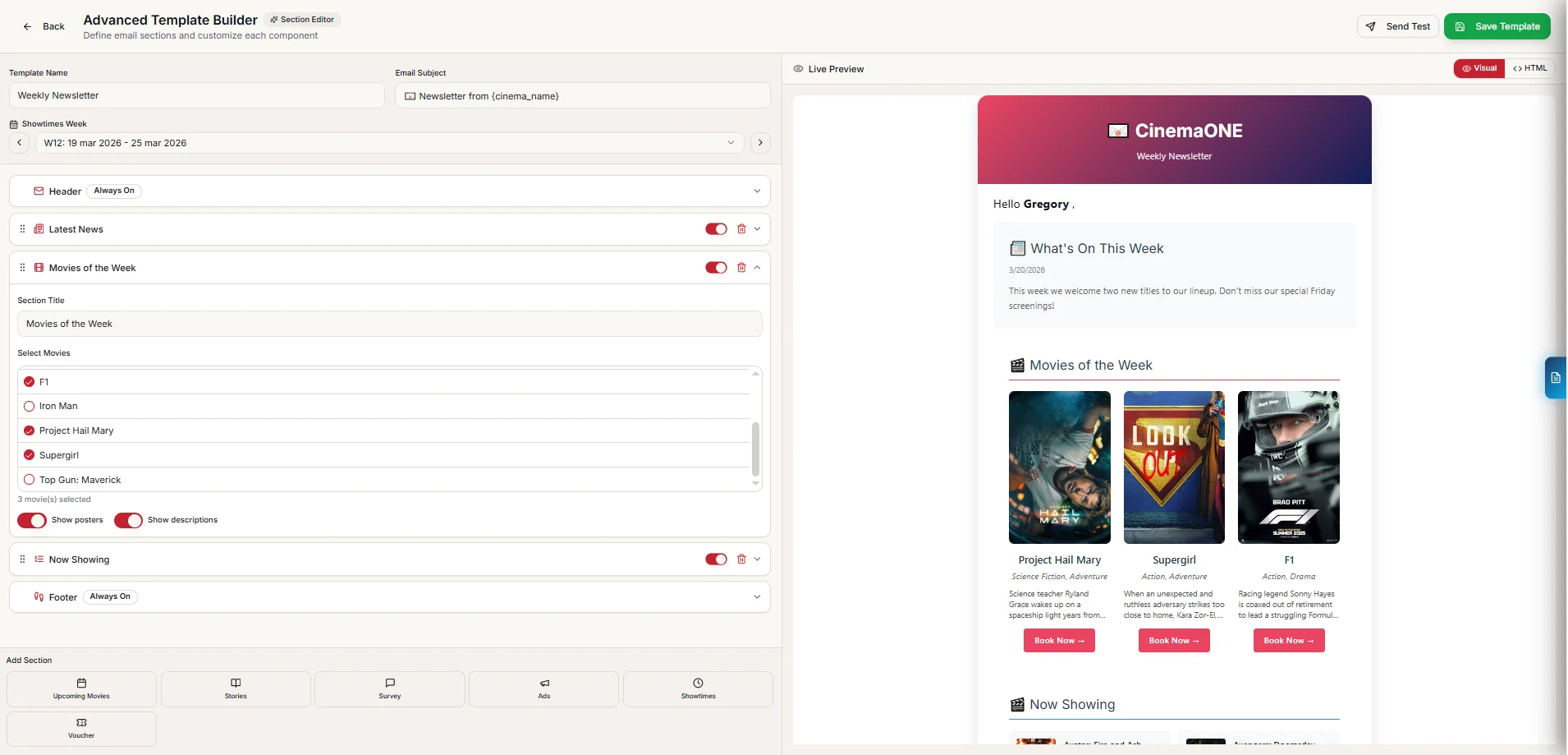 CinemaONE advanced newsletter template builder with live preview