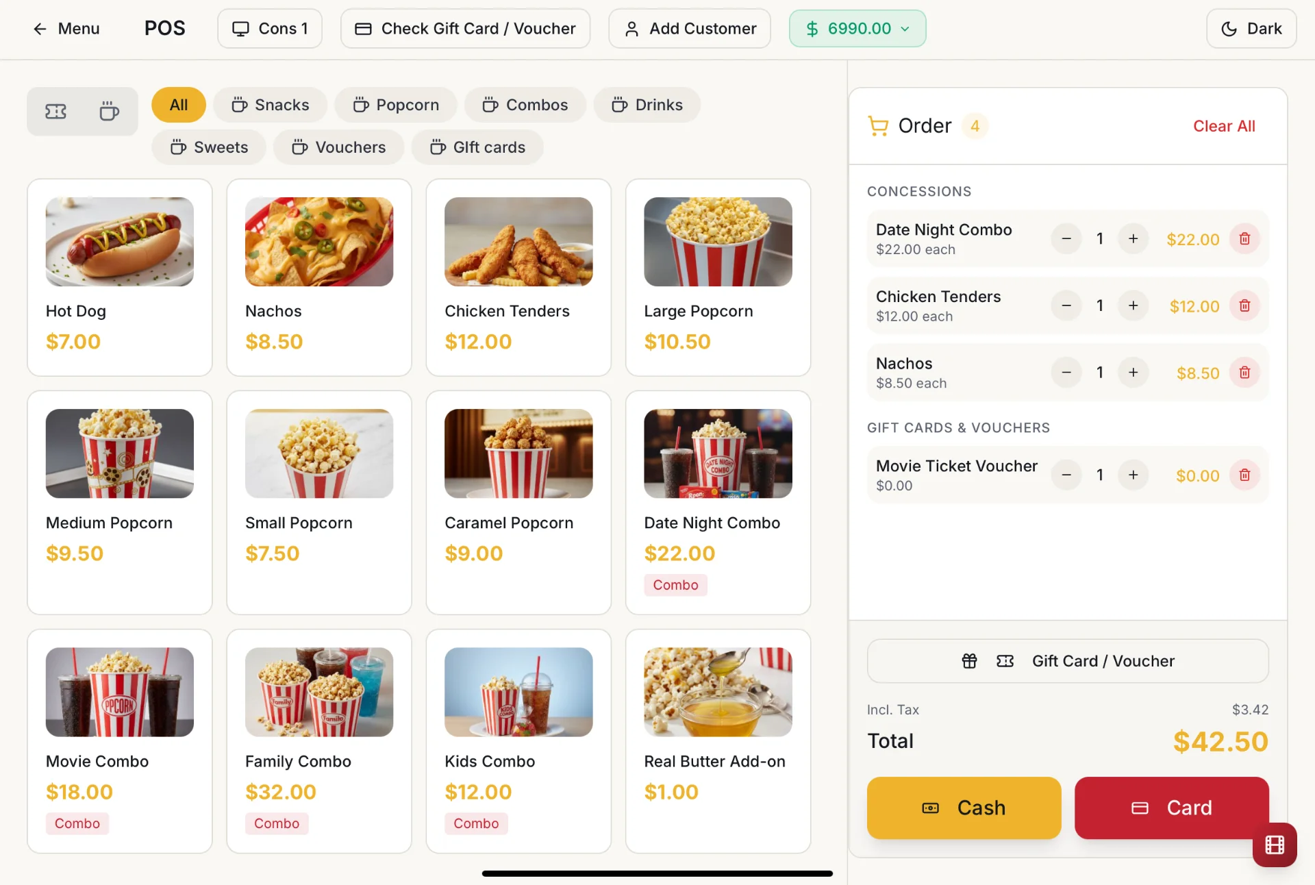 CinemaONE concessions POS with basket, combos and payment options